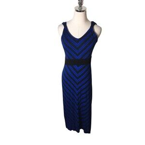 Mary McFadden Collection Dress Women's Size Small Blue Striped Maxi Sleeveless